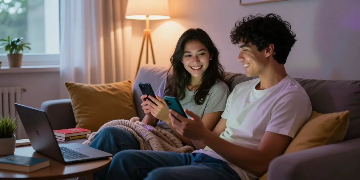Couple enjoying free ai sex chat on smartphones in a cozy home setting.