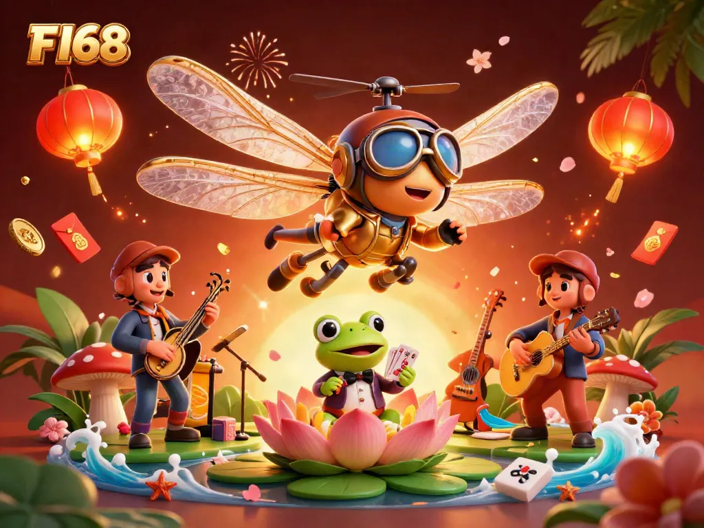 Experience F168's lively casino world with a dragonfly pilot, frog croupier, and jazz musicians.