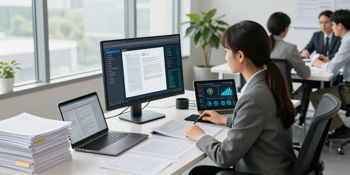Document fraud detection analytics in a modern office with professionals collaborating over digital tools.