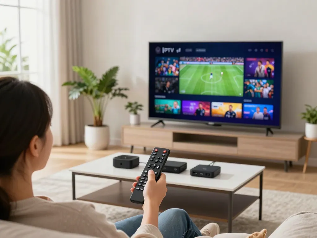 Person testing IPTV while relaxing on a couch in a modern living room.