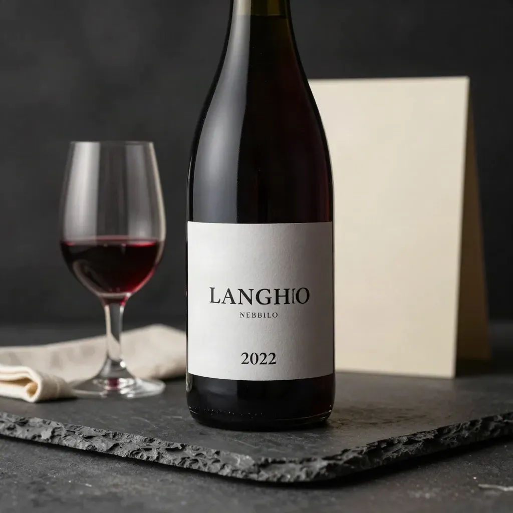 Bottiglia di Langhe Nebbiolo con calice e lino su lastra di pietra scura, luce drammatica.
