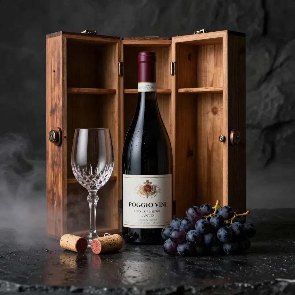 Bottiglia di Barolo con cassa di legno, calice, sugheri e grappolo d'uva in cantina fumosa
