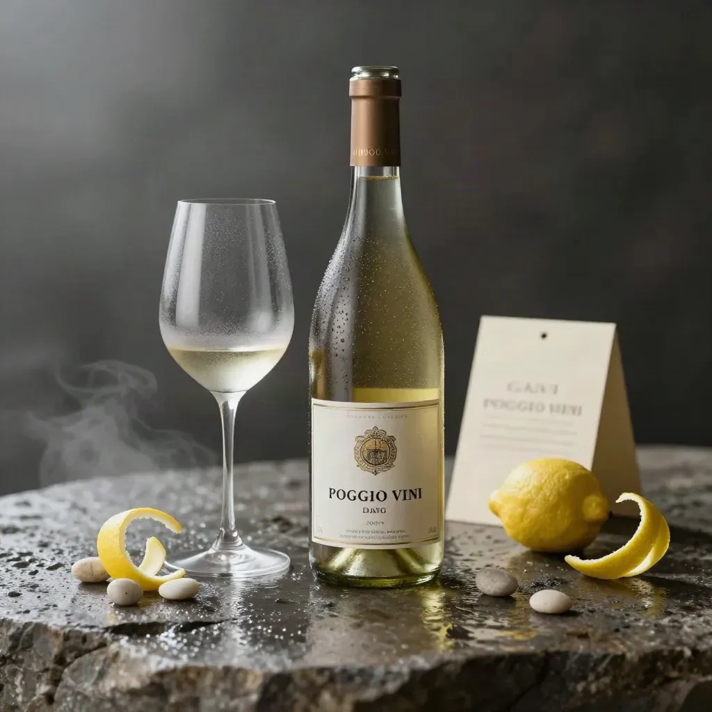 Bottiglia di Gavi con calice freddo, scorza di limone e ciottoli su pietra bagnata.