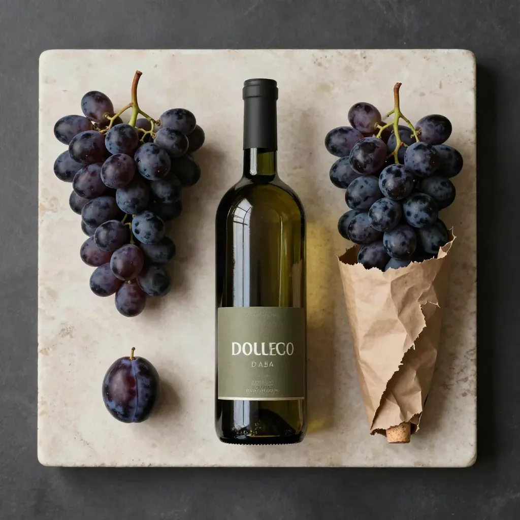 Bottiglia di Dolcetto con uva nera, prugna, tappo e carta strappata su travertino.
