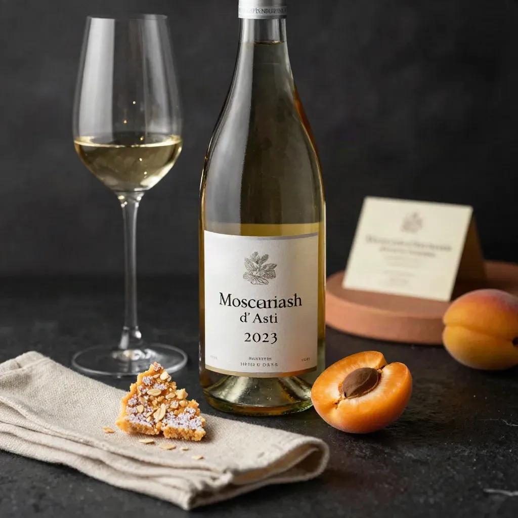 Bottiglia di Moscato con flute, albicocca, torta di mandorle e lino su sfondo scuro
