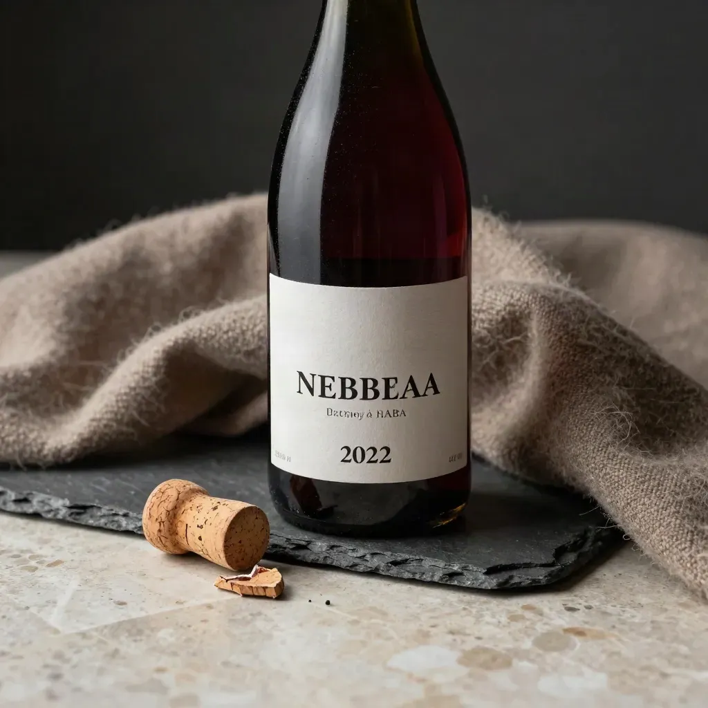 Bottiglia di Nebbiolo d'Alba tra ardesia, lana taupe e frammenti di sughero, luce radente.