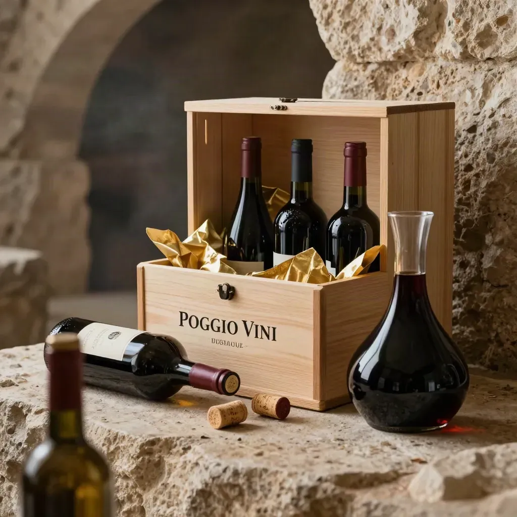 Cofanetto degustazione Piemonte con quattro bottiglie, decanter e tessuti dorati su pietra di cantina.
