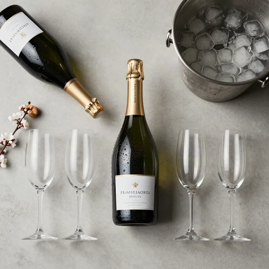 Bottiglia di Franciacorta Brut con due flute, gabbietta, fiori bianchi e secchiello in acciaio.