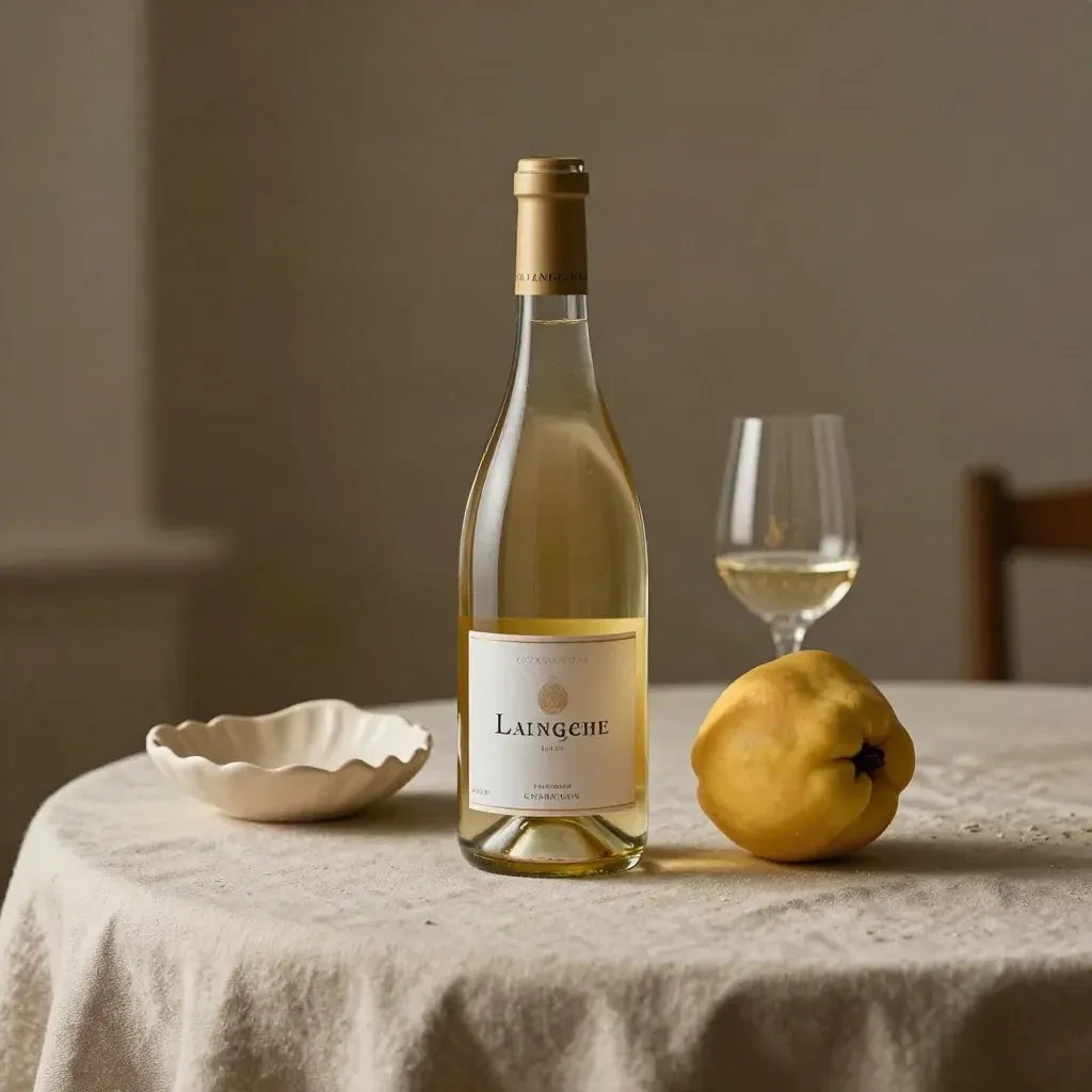 Bottiglia di Langhe Chardonnay con mele cotogne, ceramica a conchiglia e lino drappeggiato.