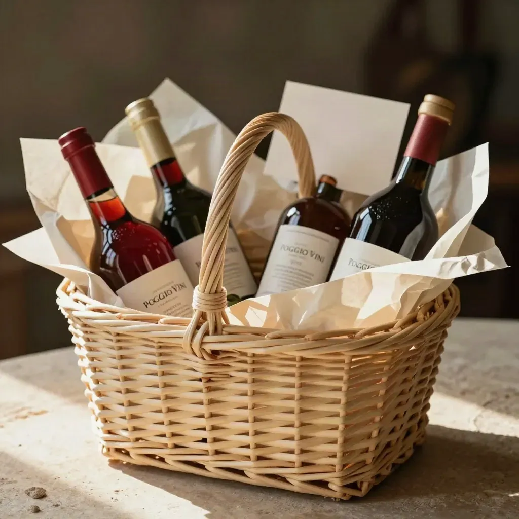 Cesto regalo in vimini con bottiglie rosse, carta velina e cartoncino sfocato.