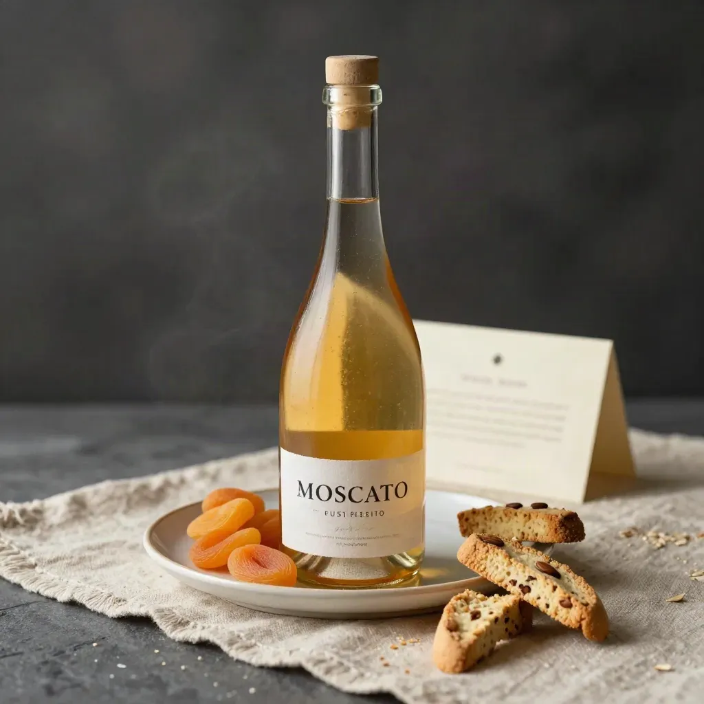 Bottiglia di Moscato Passito con albicocche secche, biscotti alle mandorle e piatto in ceramica