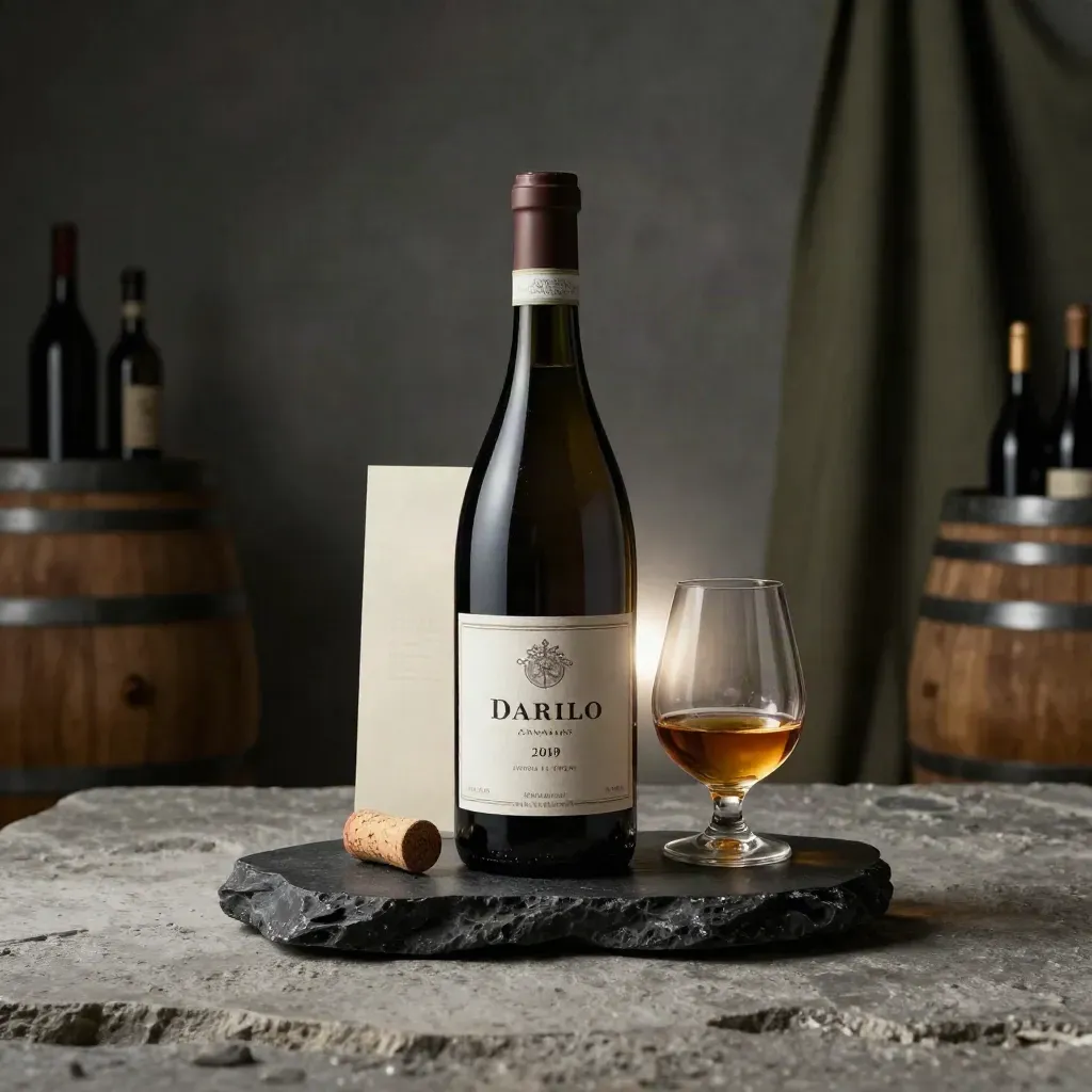 Bottiglia di Barolo su basamento nero in una cantina elegante, con calice ambrato e tappo.