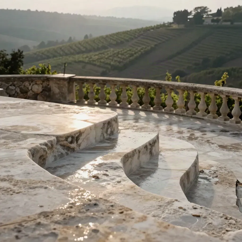 Terrazza in travertino al sole, filari di vite sfocati e balaustra di pietra.