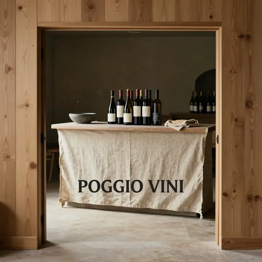 Interno di cantina in rovere chiaro con banco in lino e bottiglie sfocate sullo sfondo