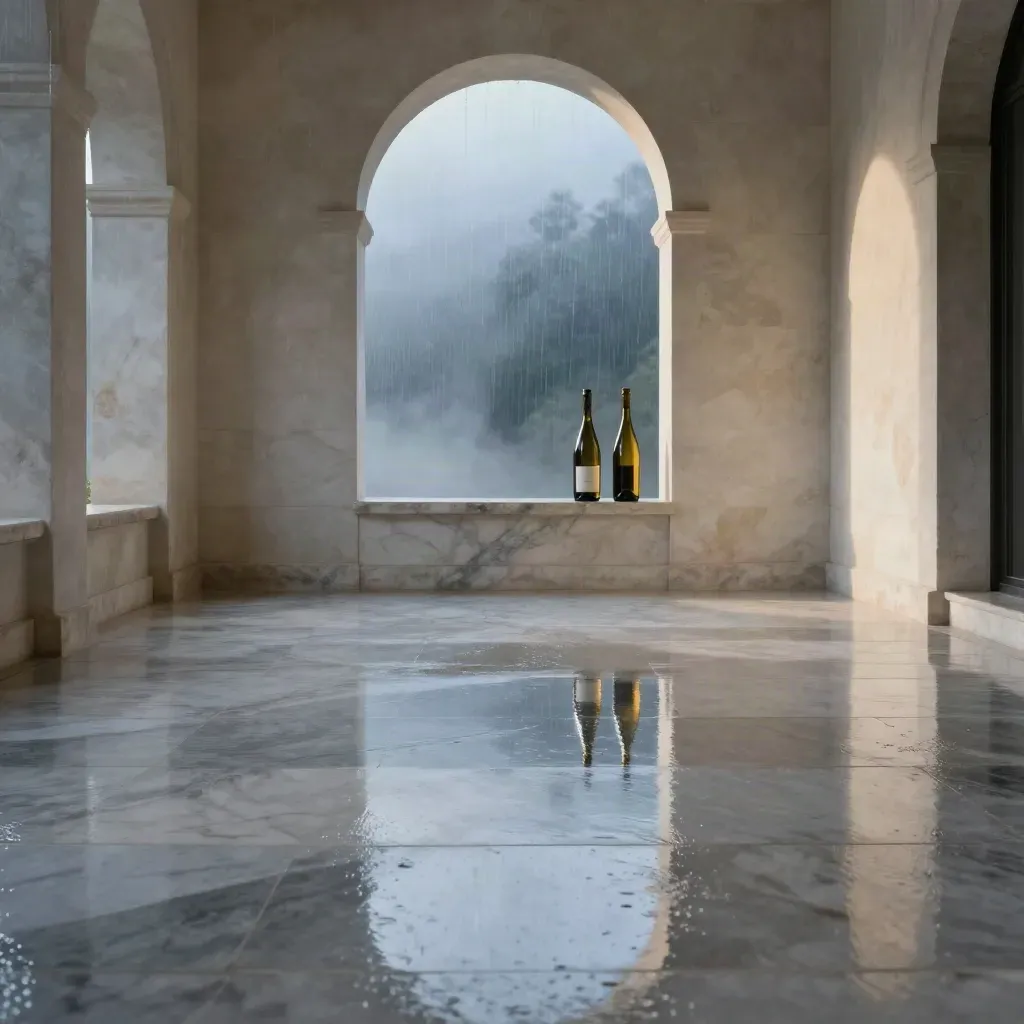 Loggia in pietra bagnata al crepuscolo, luce blu e riflessi sotto un arco