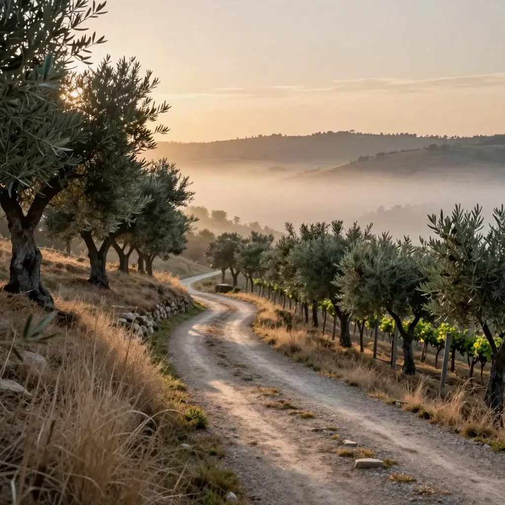 Sentiero collinare tra ulivi e filari di vigna nella nebbia del tramonto.