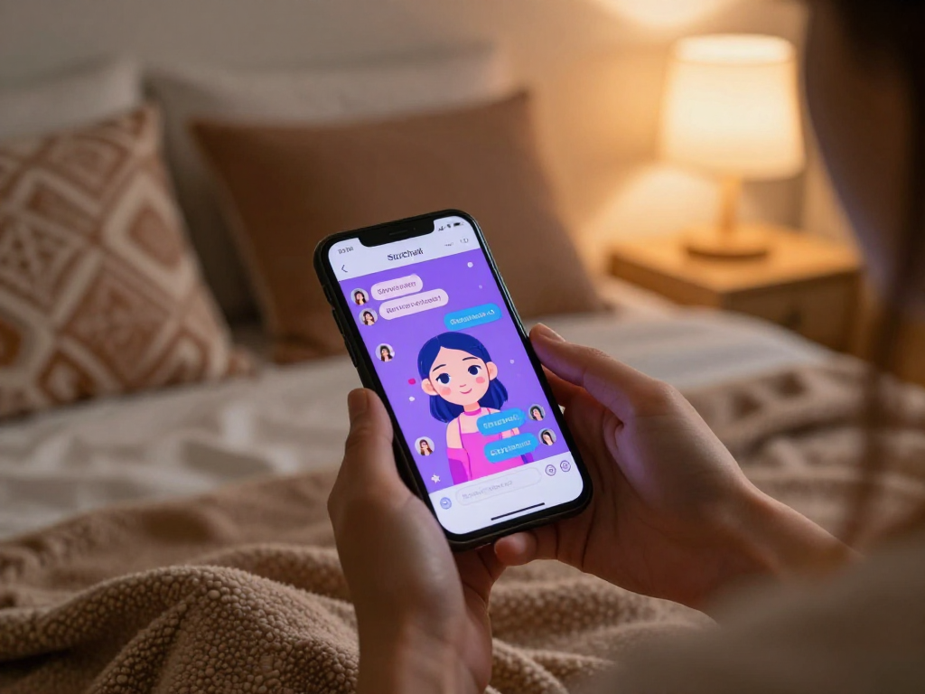 Engaging with a sex chat AI in a cozy bedroom setting, showcasing intimate digital interaction.