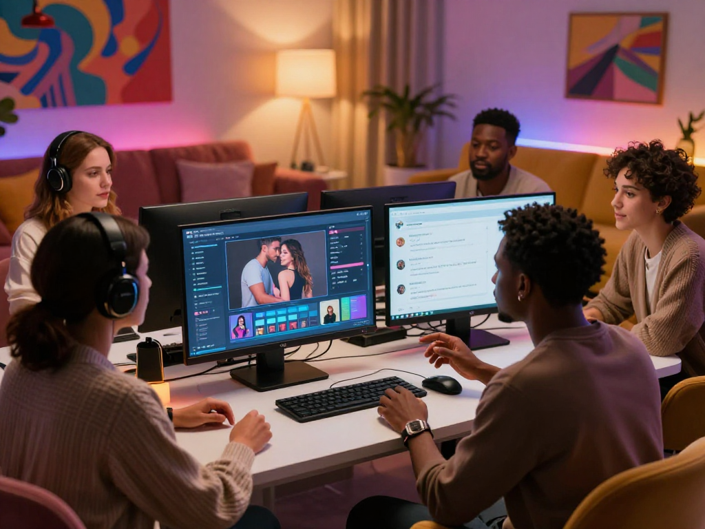 Diverse group engaging with slut ai technology in a modern studio.