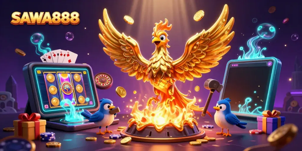 Experience thrilling wins with SAWA888 in this vibrant 3D casino illustration featuring dynamic game elements.