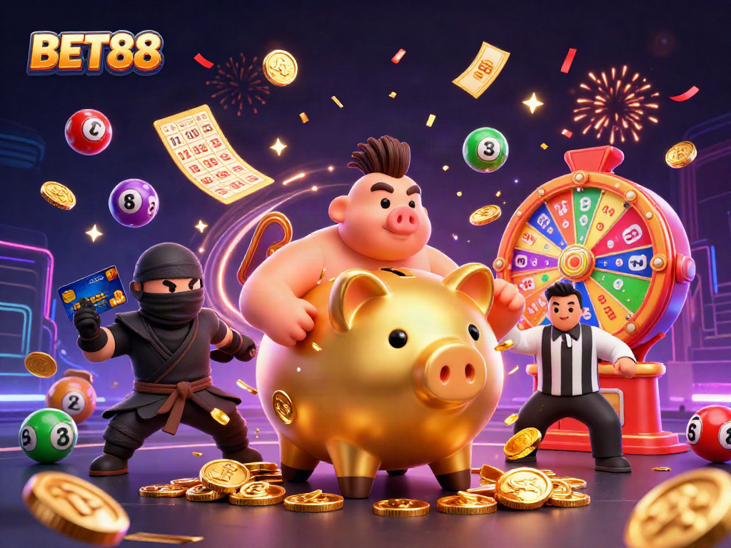Bet88 shows a dynamic casino scene with a golden piggy bank sumo wrestler, a ninja, and a samurai.