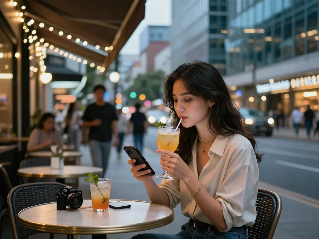 Engaging nightlife scene featuring נערות ליווי בראשון לציון enjoying a cocktail at a stylish café.