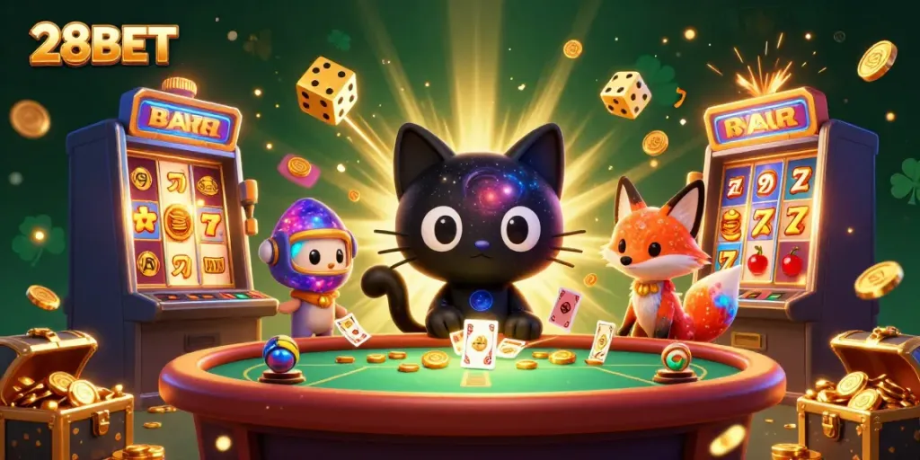 Engage with 28BET's vibrant universe of gaming at a cosmic casino table with rich 3D elements.