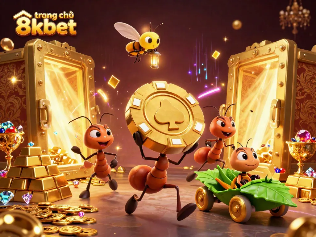 Experience the excitement of the trang chủ 8xbet with a dynamic scene of ants pulling off a golden poker chip heist.